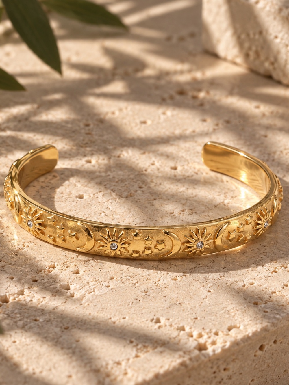 Gold Moon & Sun Cuff Bracelet with Crystal Accents